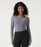 Boat Neck Long Sleeve Cut Out Built-in Bra Yoga Sports Top — Light Gray Violet — view 2
