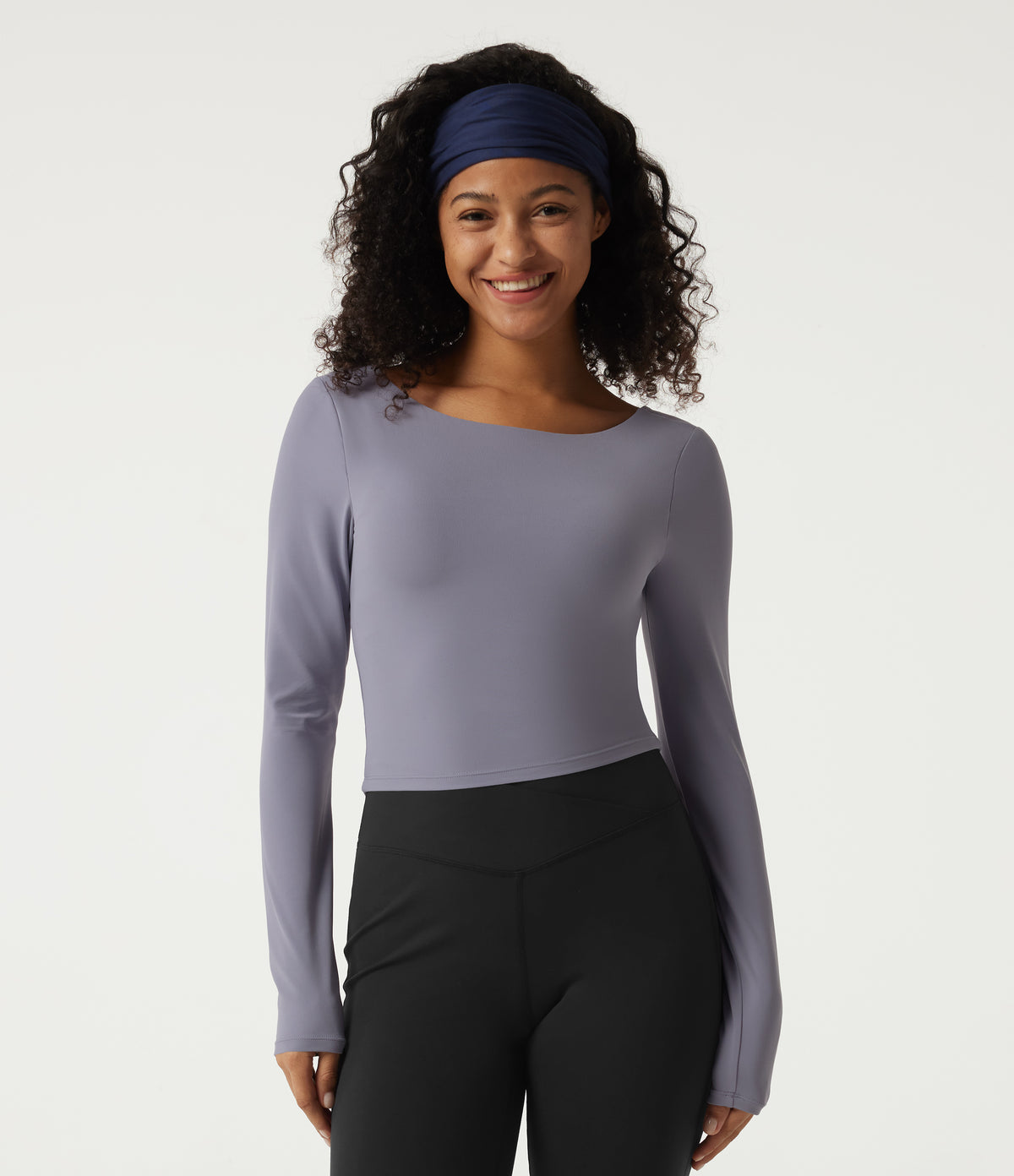 Boat Neck Long Sleeve Cut Out Built-in Bra Yoga Sports Top — Light Gray Violet — view 2