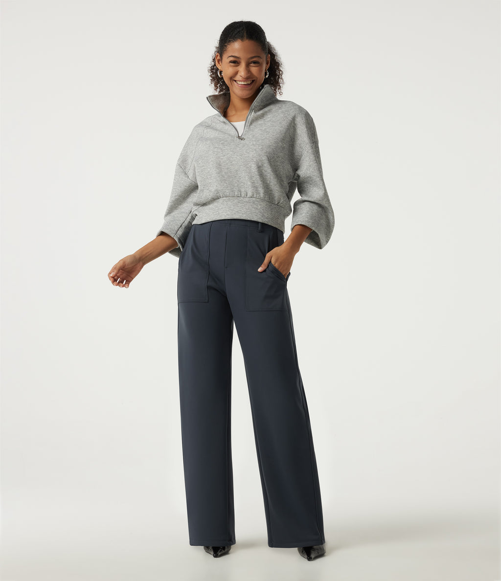 Extra Heat High Waisted Barrel Leg Casual Trousers with Pockets — Carbon — view 6