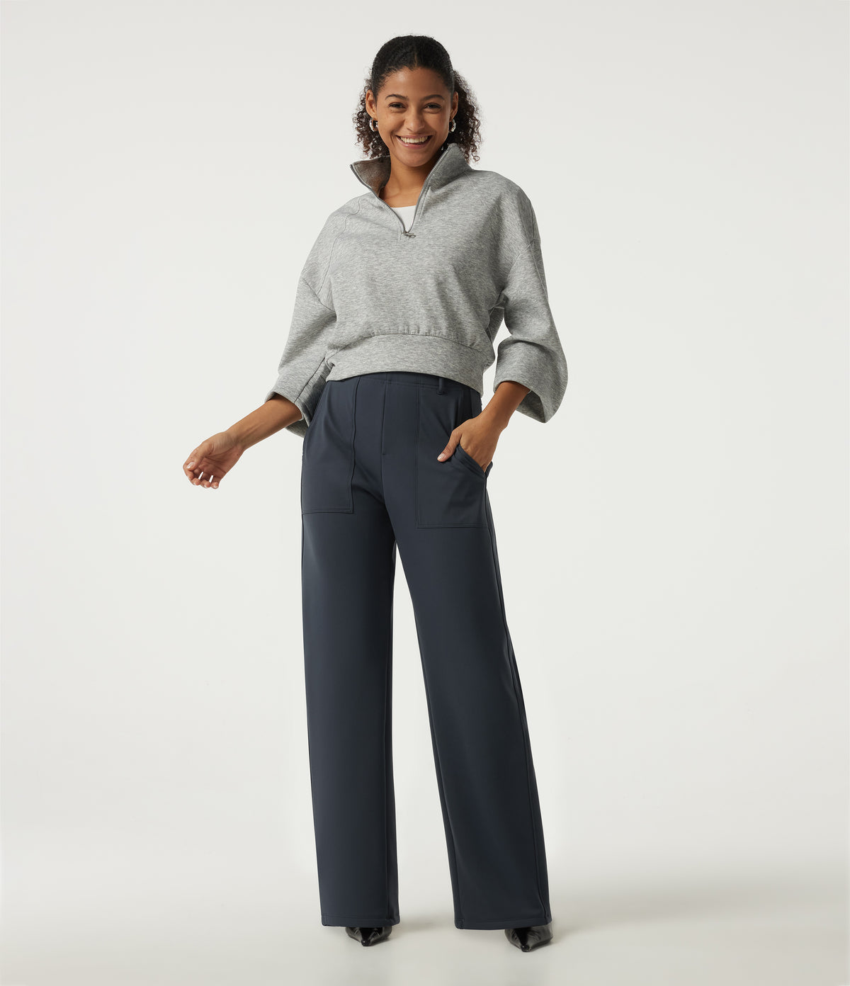 Extra Heat High Waisted Barrel Leg Casual Trousers with Pockets — Carbon — view 6