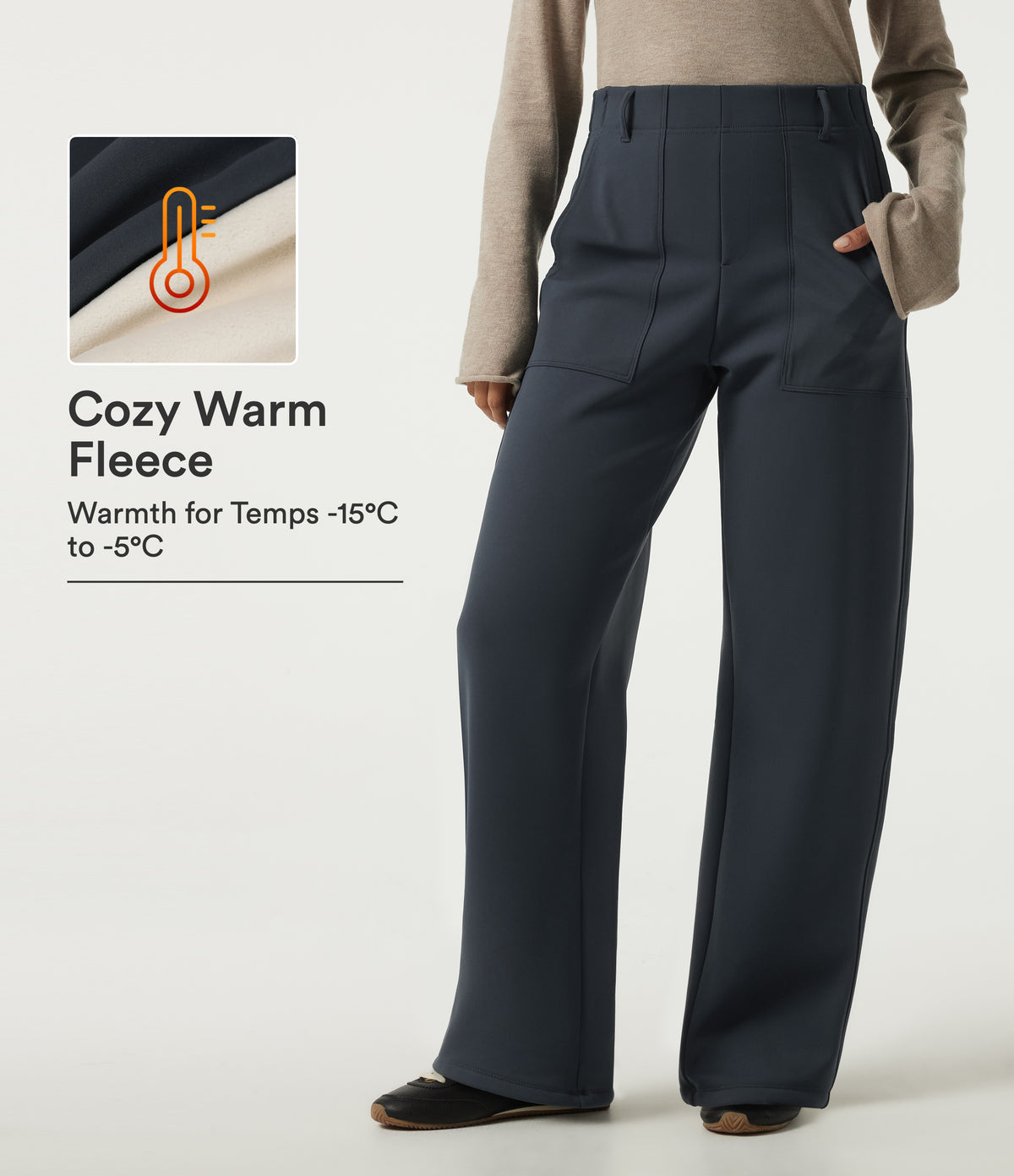 Extra Heat High Waisted Barrel Leg Casual Trousers with Pockets — Carbon — view 1