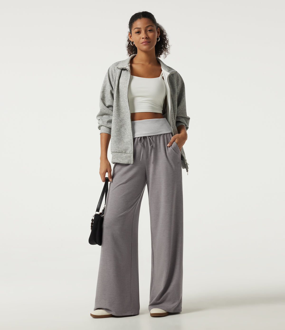 High Waisted Drawstring Wide Leg Stripe Casual Sweatpants with Pockets — Mottled Earth Gray — view 8