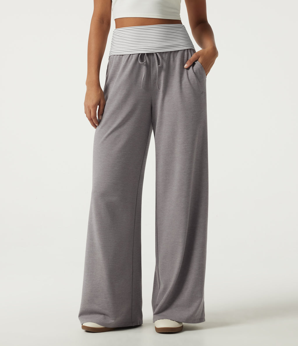 High Waisted Drawstring Wide Leg Stripe Casual Sweatpants with Pockets — Mottled Earth Gray — view 1