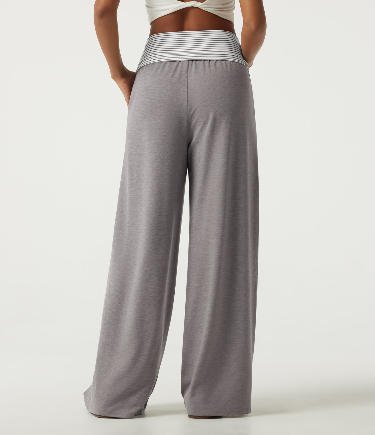 High Waisted Drawstring Wide Leg Stripe Casual Sweatpants with Pockets — Mottled Earth Gray — view 2