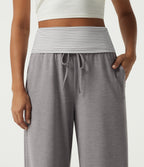 High Waisted Drawstring Wide Leg Stripe Casual Sweatpants with Pockets — Mottled Earth Gray — view 4