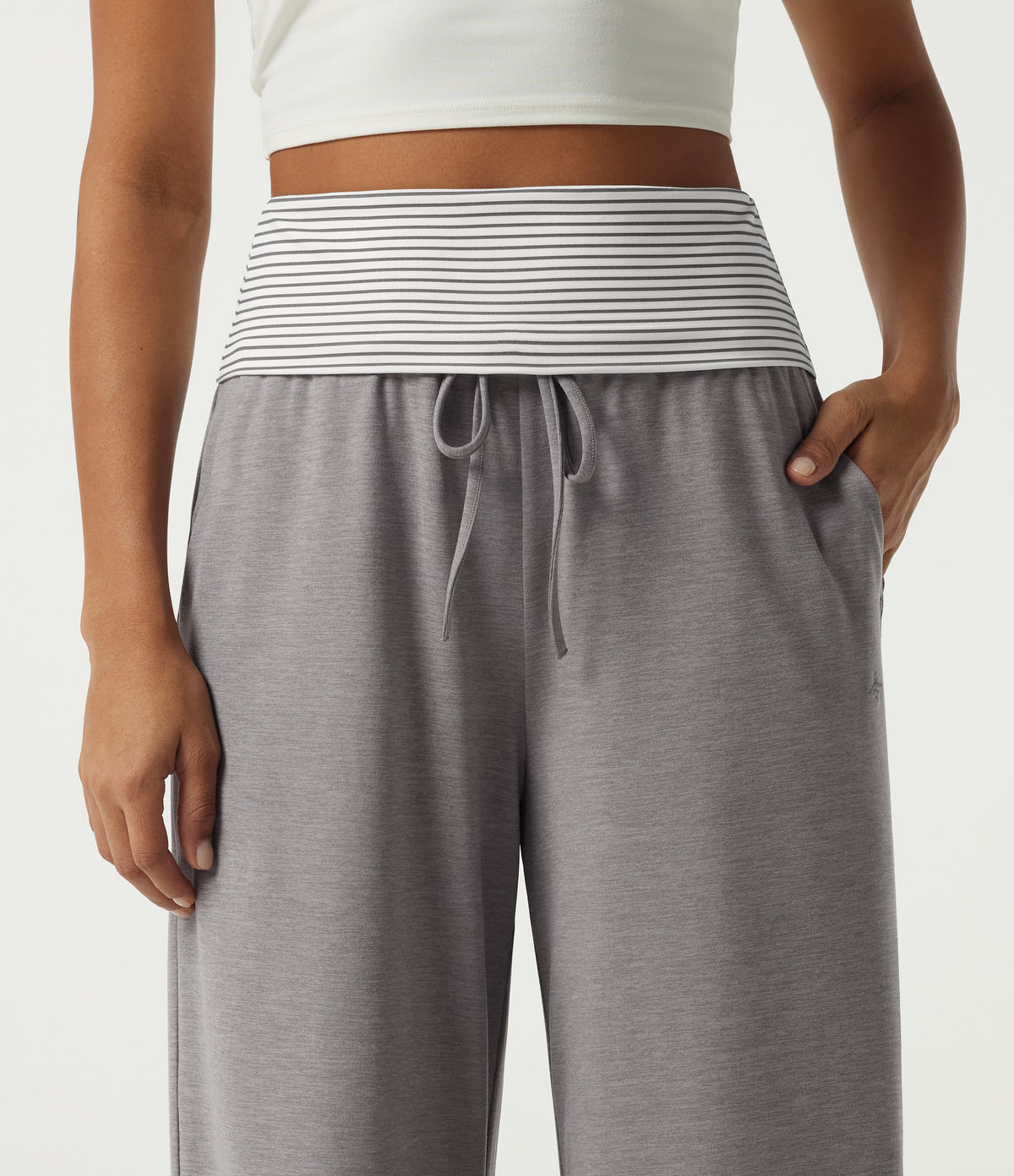 High Waisted Drawstring Wide Leg Stripe Casual Sweatpants with Pockets — Mottled Earth Gray — view 4