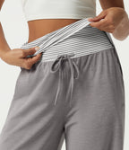 High Waisted Drawstring Wide Leg Stripe Casual Sweatpants with Pockets — Mottled Earth Gray — view 6