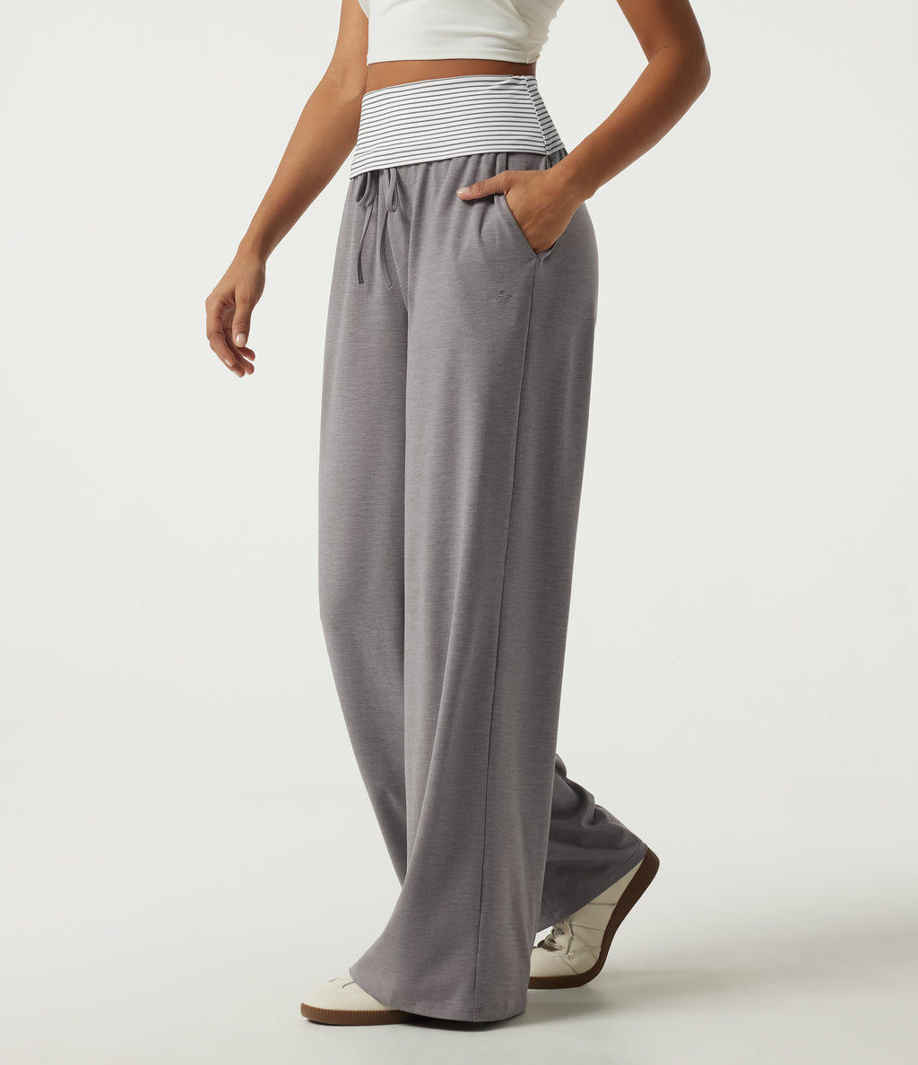High Waisted Drawstring Wide Leg Stripe Casual Sweatpants with Pockets — Mottled Earth Gray — view 3