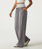 High Waisted Drawstring Wide Leg Stripe Casual Sweatpants with Pockets — Mottled Earth Gray — view 3