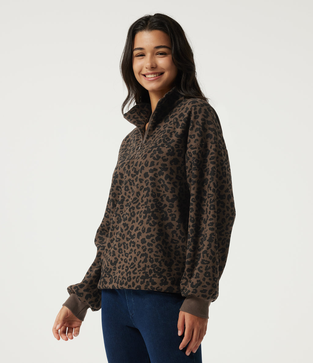 Stand Collar Long Sleeve Leopard Print Casual Top — Brown and Black Leopard — view 3