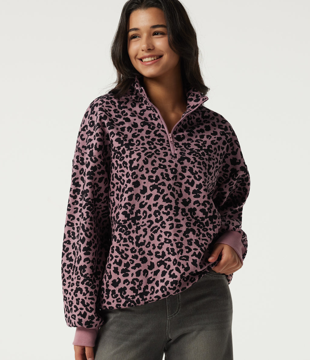 Stand Collar Long Sleeve Leopard Print Casual Top — Blush Leopard — view 8