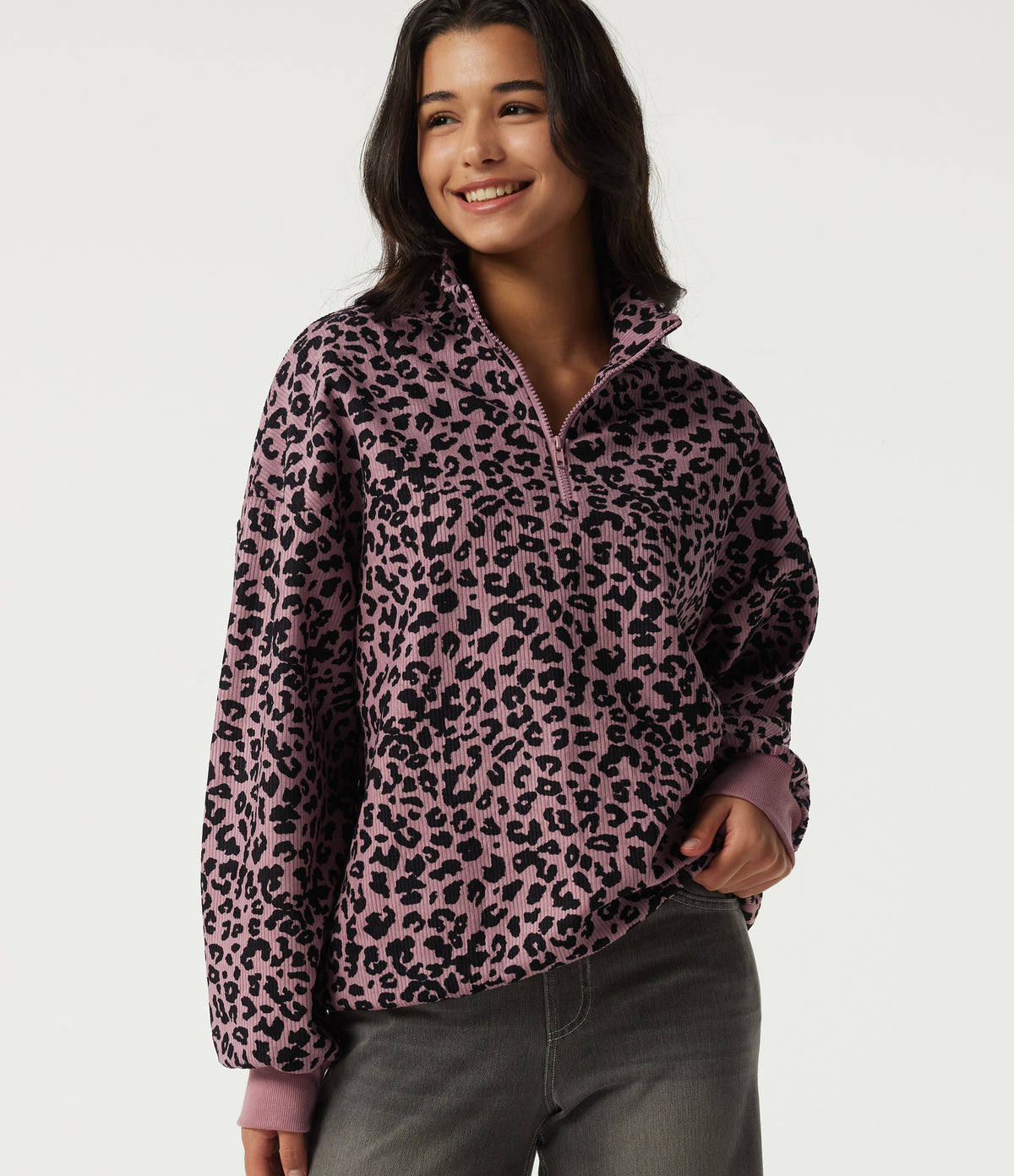 Stand Collar Long Sleeve Leopard Print Casual Top — Blush Leopard — view 8