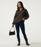 Stand Collar Long Sleeve Leopard Print Casual Top — Brown and Black Leopard — view 6