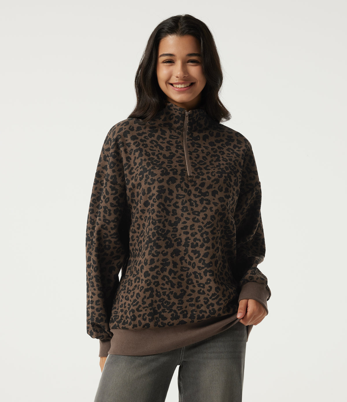 Stand Collar Long Sleeve Leopard Print Casual Top — Brown and Black Leopard — view 4