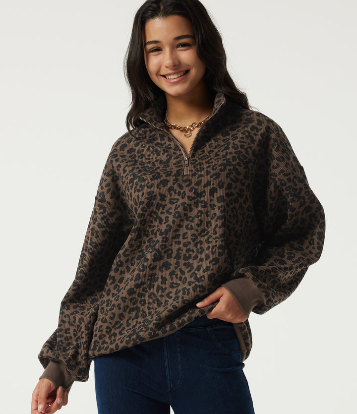Stand Collar Long Sleeve Leopard Print Casual Top — Brown and Black Leopard — view 1