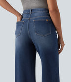 High Waisted Asymmetric Straight Leg Fleece Casual Jeans with Pockets — Pageant Blue Denim — view 5