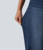 High Waisted Asymmetric Straight Leg Fleece Casual Jeans with Pockets — Pageant Blue Denim — view 6