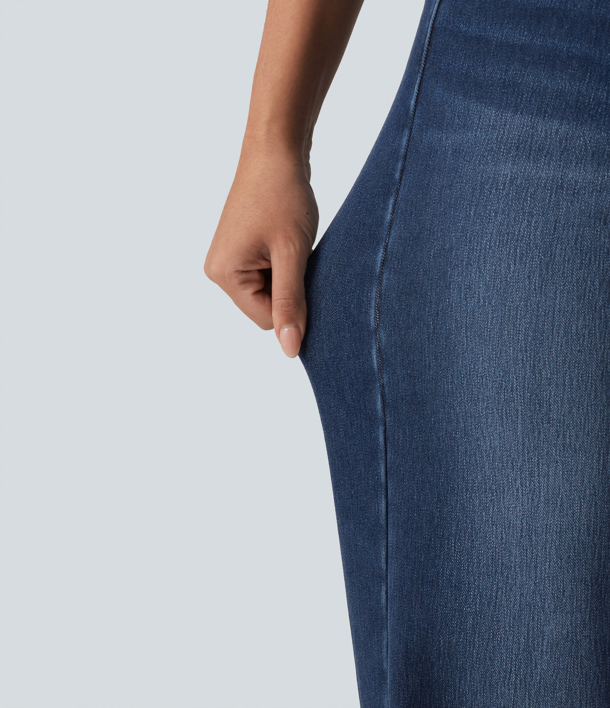 High Waisted Asymmetric Straight Leg Fleece Casual Jeans with Pockets — Pageant Blue Denim — view 6