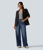 High Waisted Asymmetric Straight Leg Fleece Casual Jeans with Pockets — Pageant Blue Denim — view 7