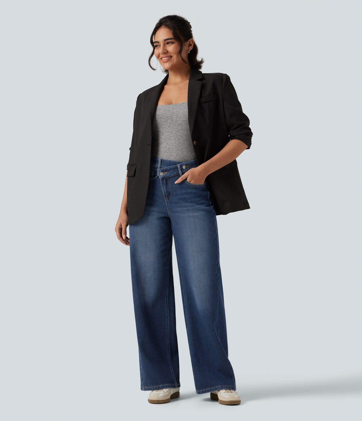 High Waisted Asymmetric Straight Leg Fleece Casual Jeans with Pockets — Pageant Blue Denim — view 7