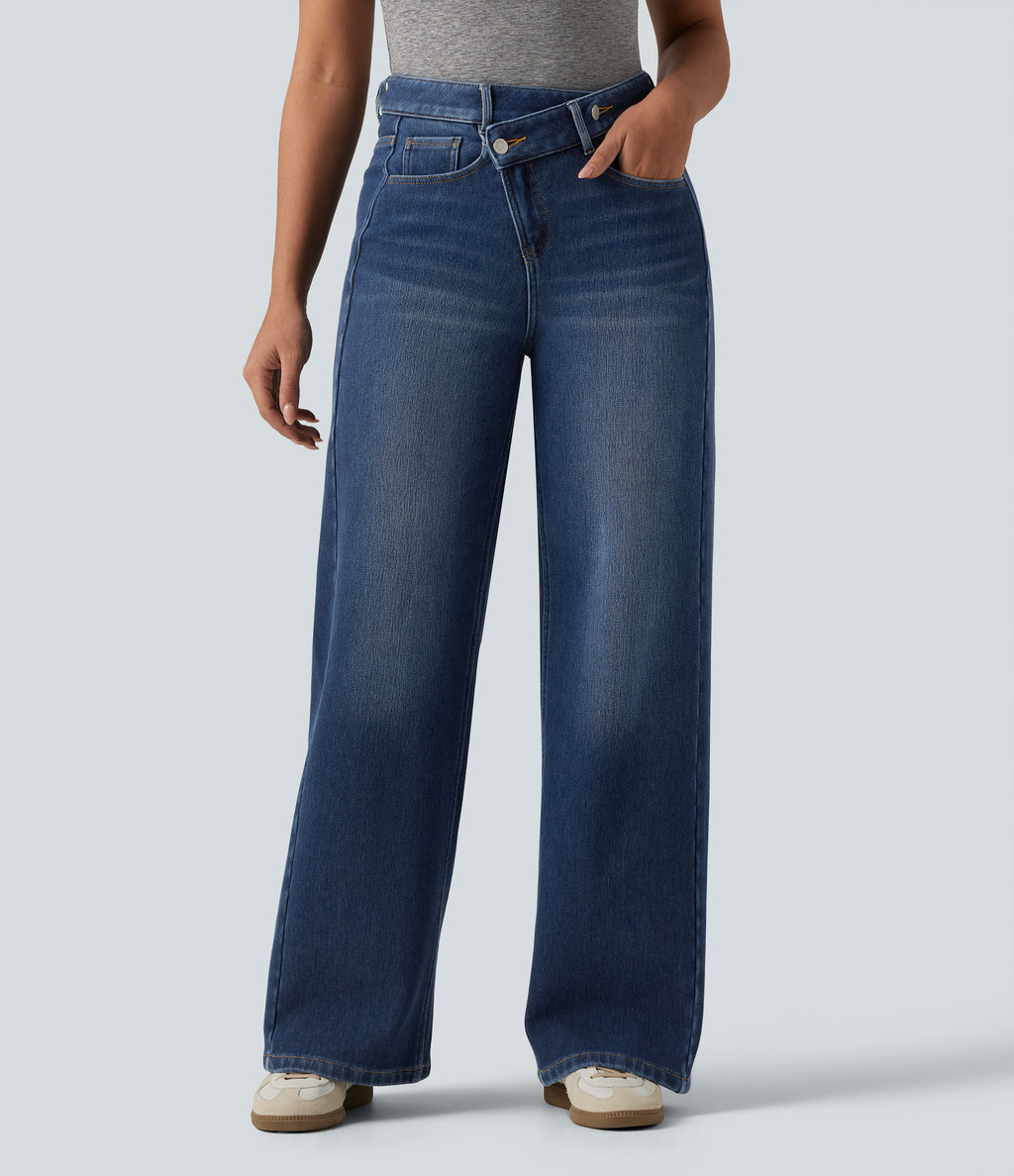High Waisted Asymmetric Straight Leg Fleece Casual Jeans with Pockets — Pageant Blue Denim — view 1