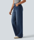 High Waisted Asymmetric Straight Leg Fleece Casual Jeans with Pockets — Pageant Blue Denim — view 3