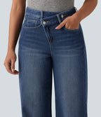 High Waisted Asymmetric Straight Leg Fleece Casual Jeans with Pockets — Pageant Blue Denim — view 4