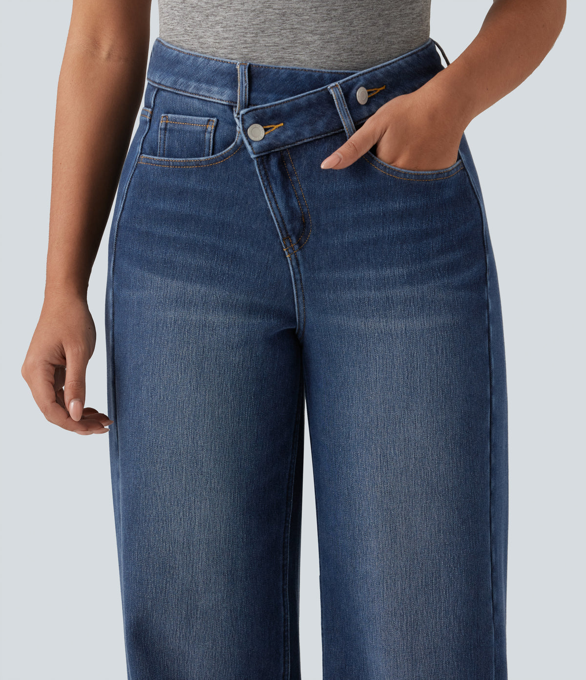 High Waisted Asymmetric Straight Leg Fleece Casual Jeans with Pockets — Pageant Blue Denim — view 4