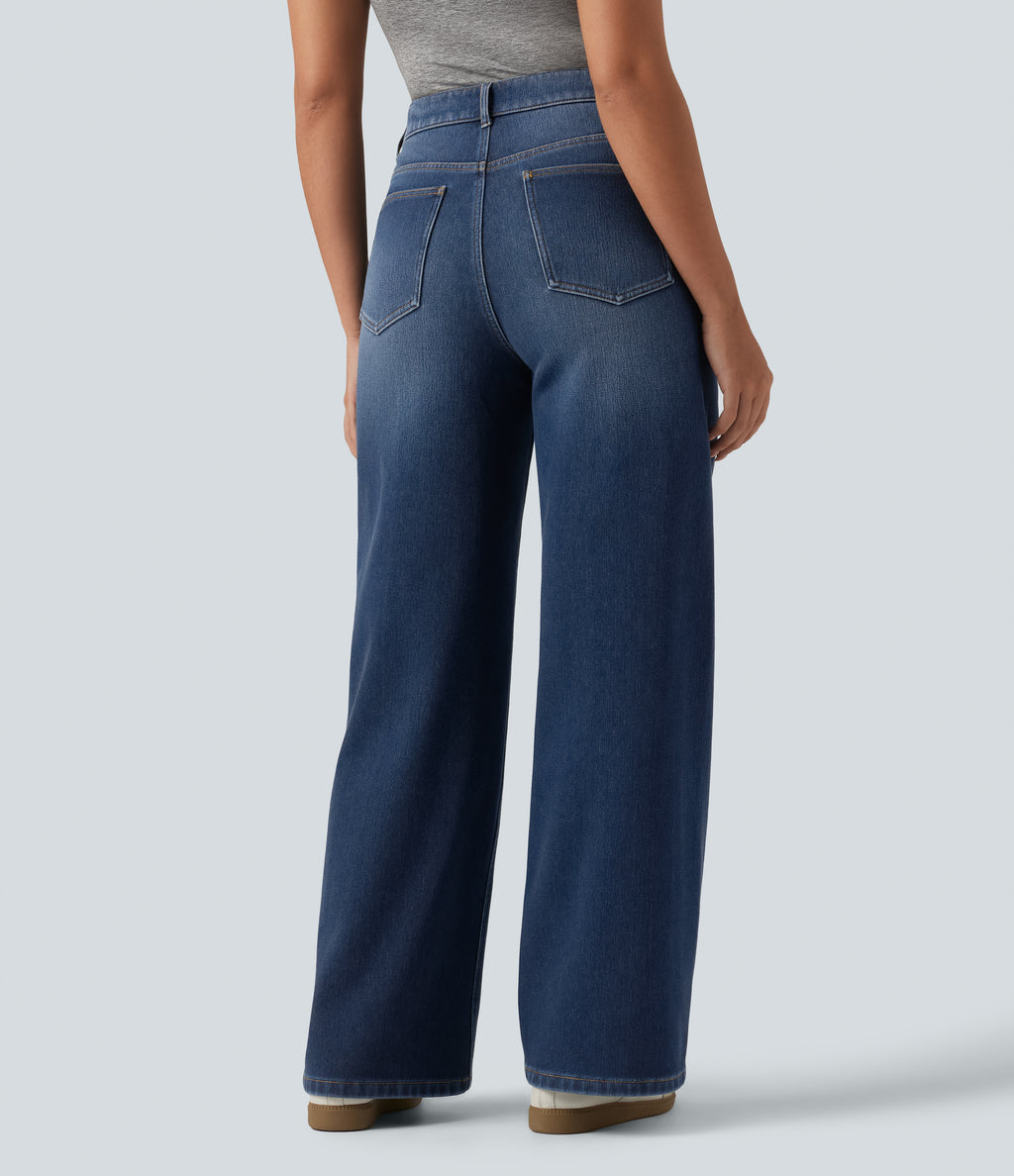 High Waisted Asymmetric Straight Leg Fleece Casual Jeans with Pockets — Pageant Blue Denim — view 2