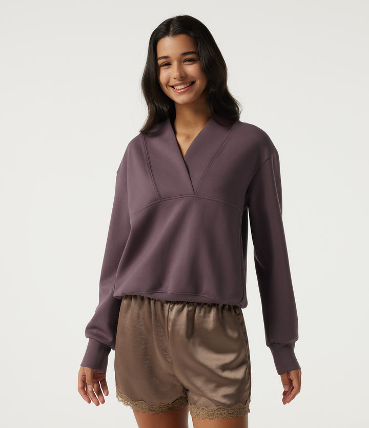 Wrap Shawl Collar Long Sleeve Casual Sweatshirt — Dark Plum — view 1