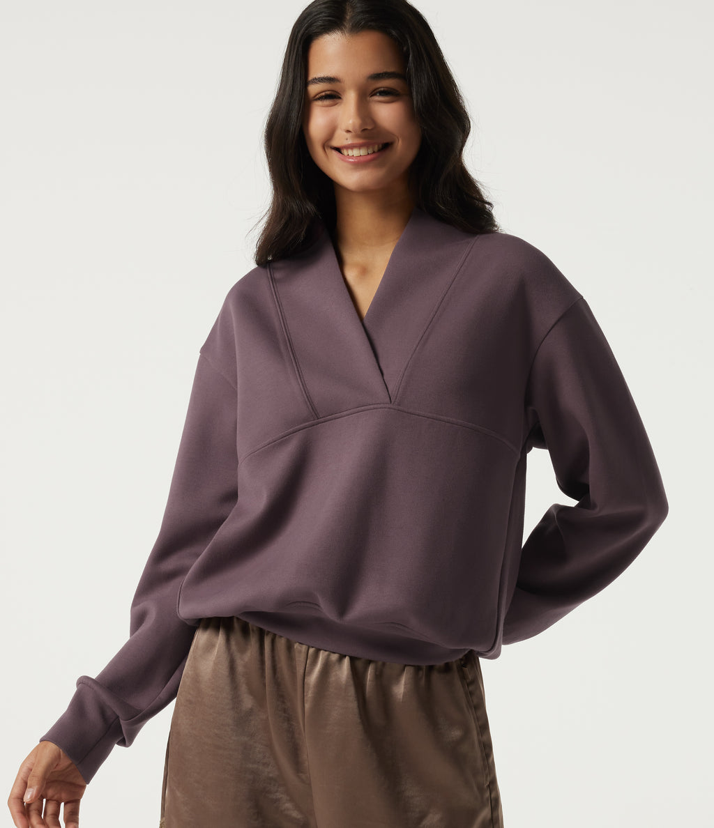 Wrap Shawl Collar Long Sleeve Casual Sweatshirt — Dark Plum — view 4