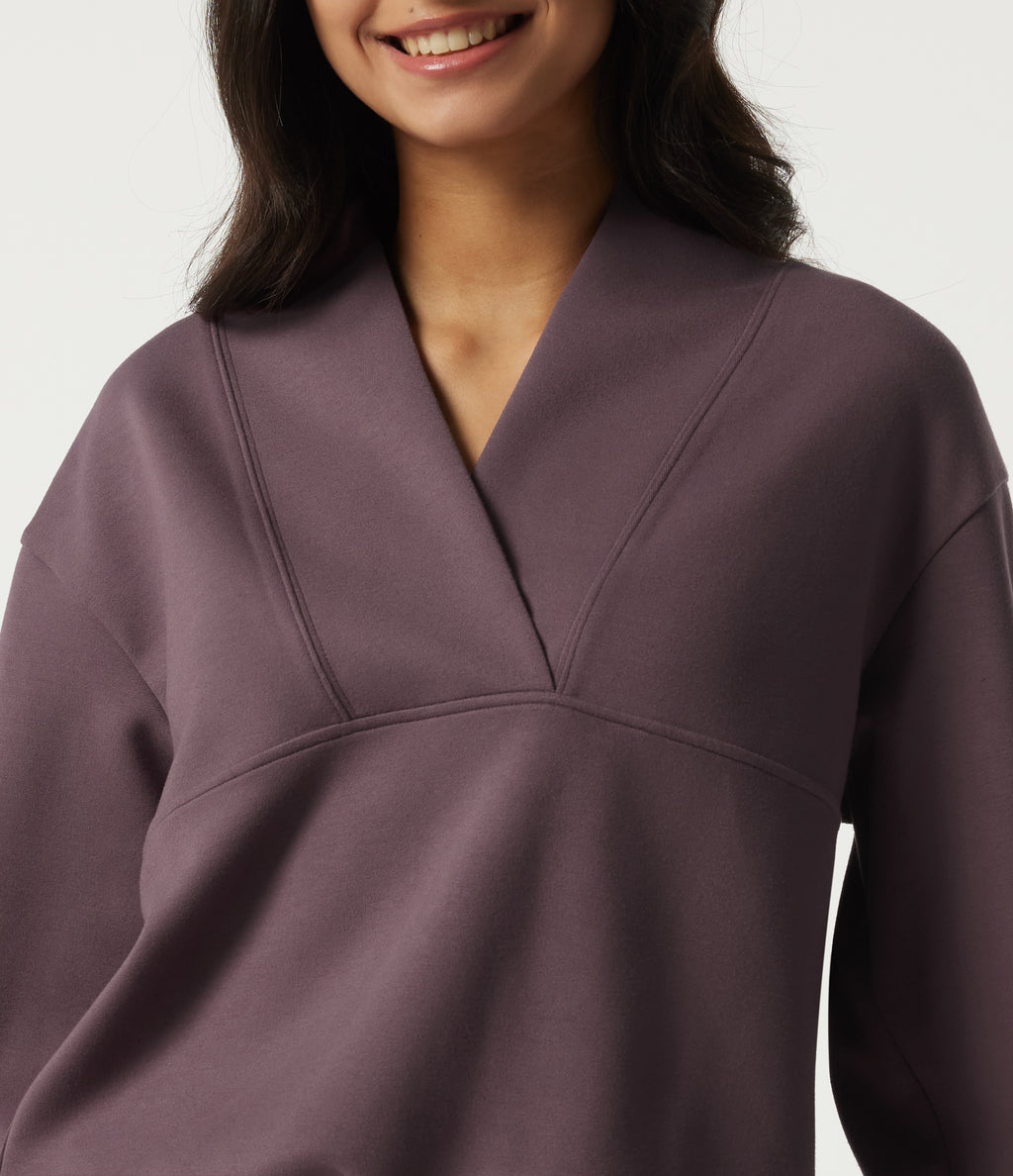Wrap Shawl Collar Long Sleeve Casual Sweatshirt — Dark Plum — view 5