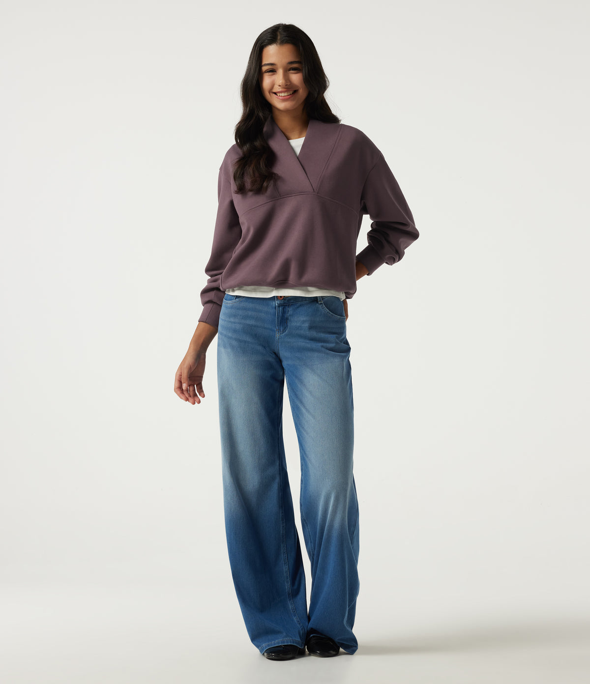 Wrap Shawl Collar Long Sleeve Casual Sweatshirt — Dark Plum — view 7