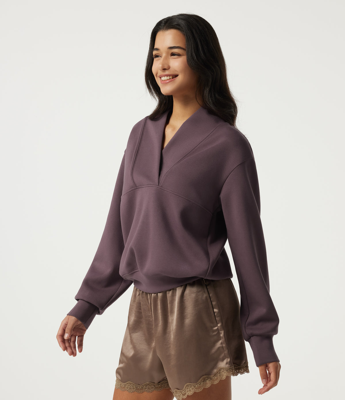 Wrap Shawl Collar Long Sleeve Casual Sweatshirt — Dark Plum — view 3