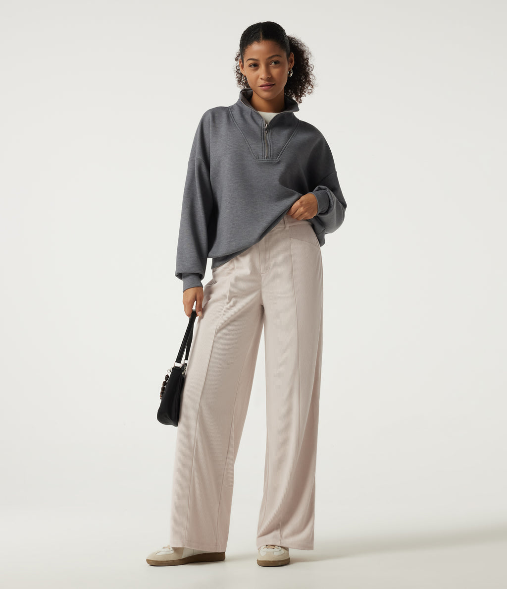 Mid Rise Wide Leg Corduroy Casual Trousers with Pockets — White — view 6