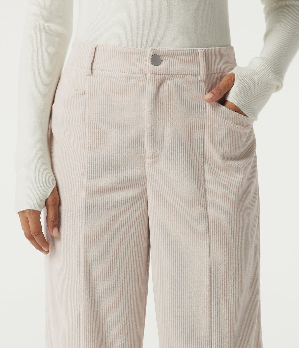 Mid Rise Wide Leg Corduroy Casual Trousers with Pockets — White — view 4