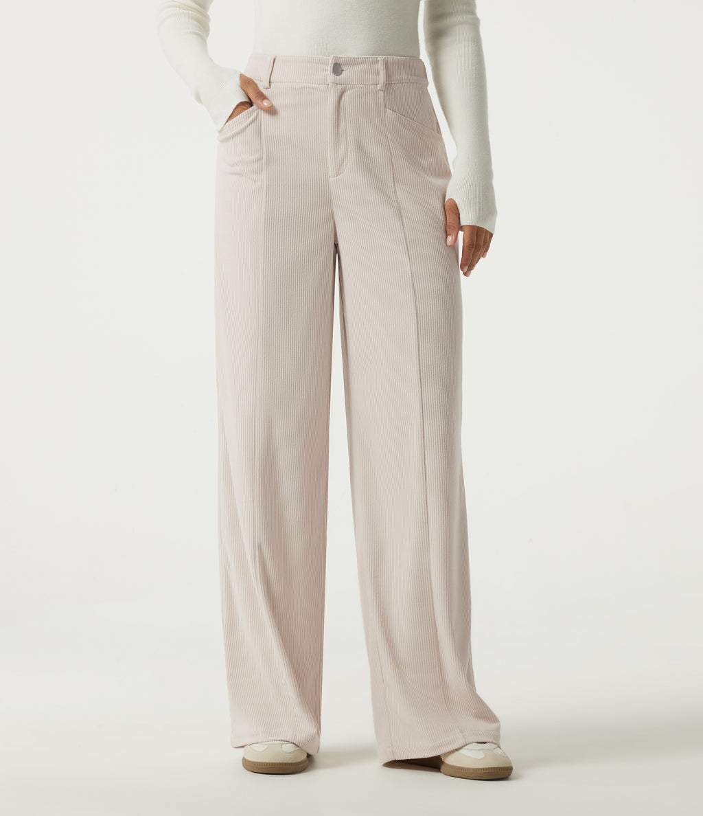 Mid Rise Wide Leg Corduroy Casual Trousers with Pockets — White — view 1