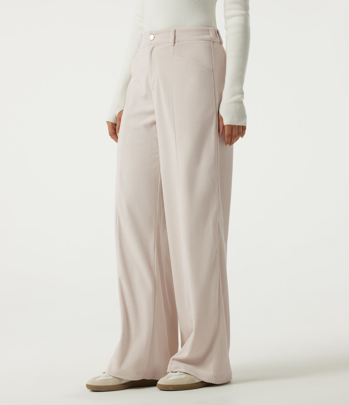 Mid Rise Wide Leg Corduroy Casual Trousers with Pockets — White — view 3