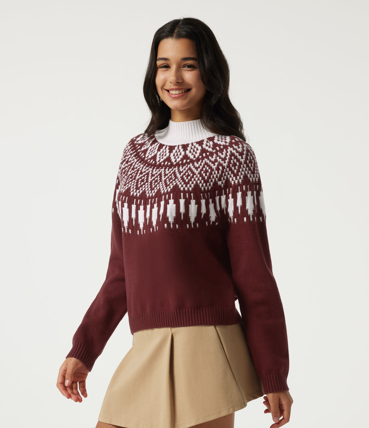 High Neck Long Sleeve Casual Jumper — Cardinal Red — view 3