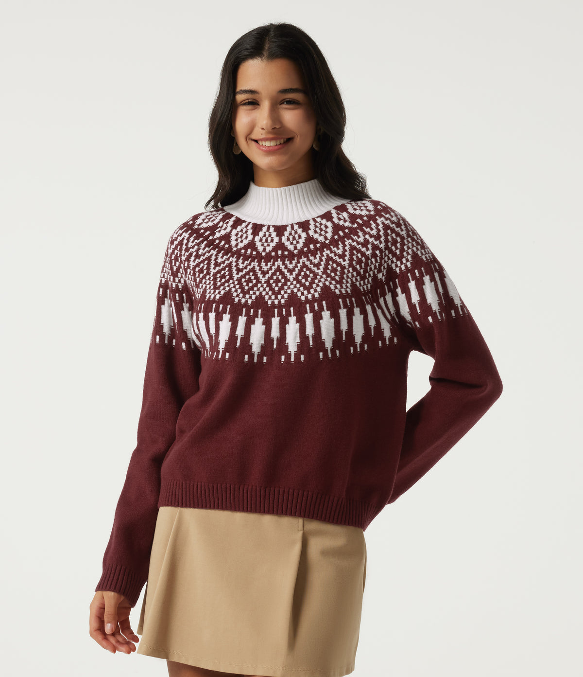 High Neck Long Sleeve Casual Jumper — Cardinal Red — view 4