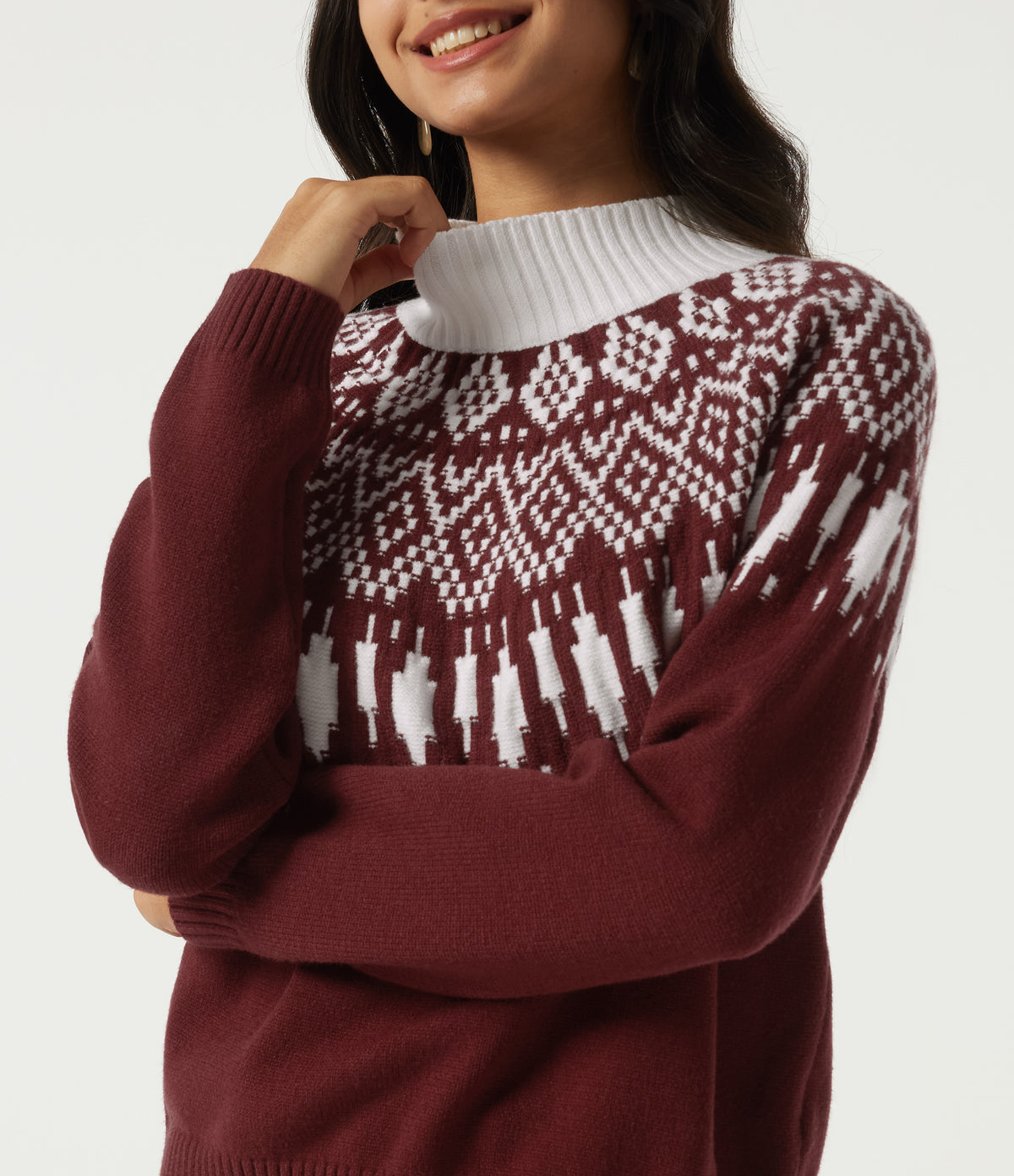 High Neck Long Sleeve Casual Jumper — Cardinal Red — view 5