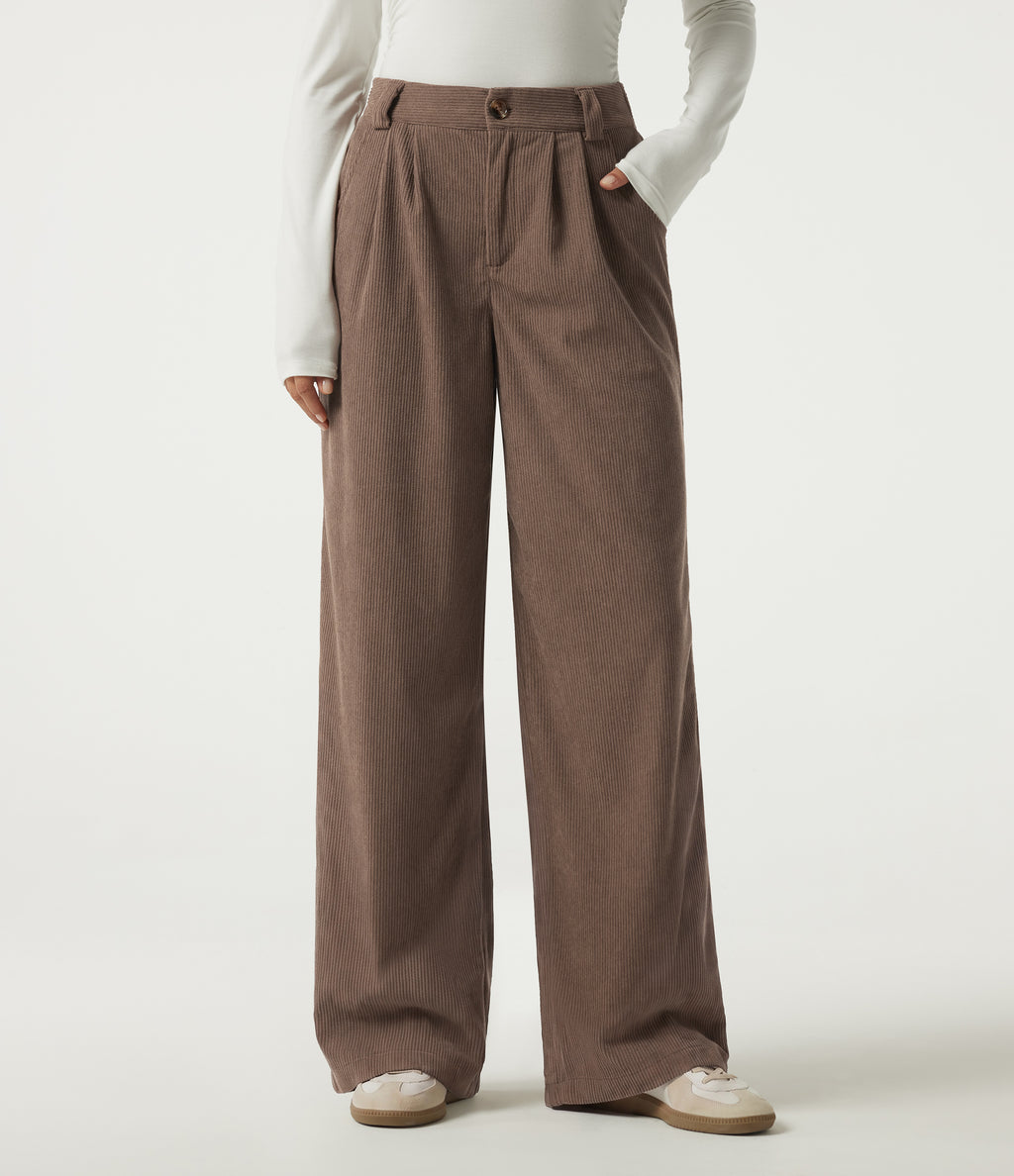 Mid Rise Straight Leg Corduroy Casual Trousers with Pockets — Acorn — view 1