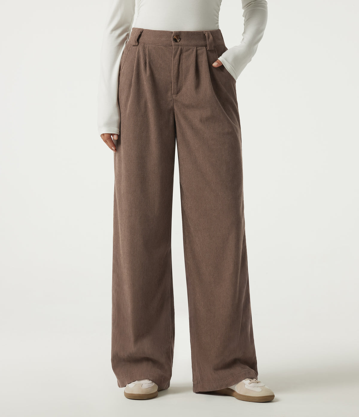 Mid Rise Straight Leg Corduroy Casual Trousers with Pockets — Acorn — view 1