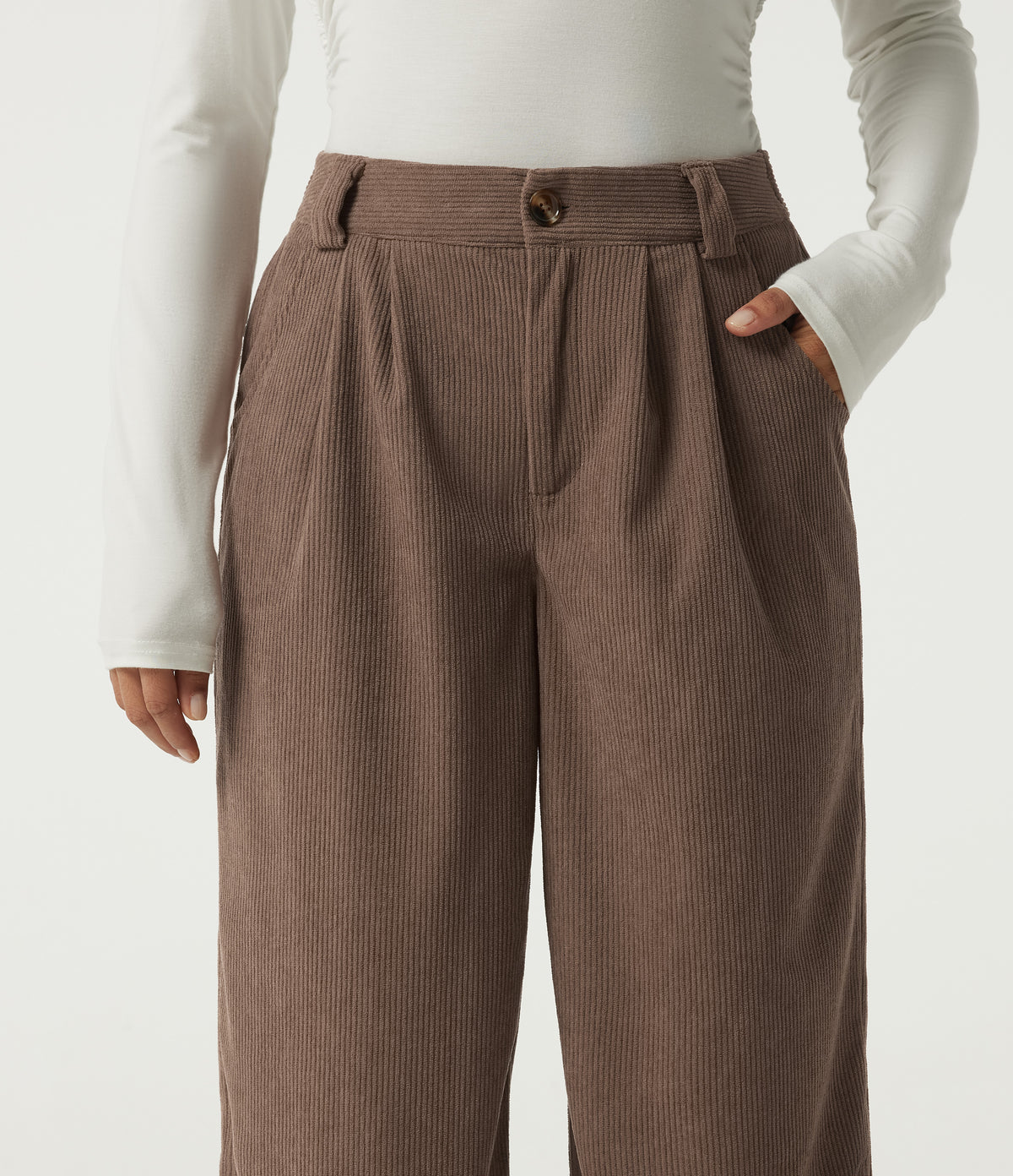 Mid Rise Straight Leg Corduroy Casual Trousers with Pockets — Acorn — view 4