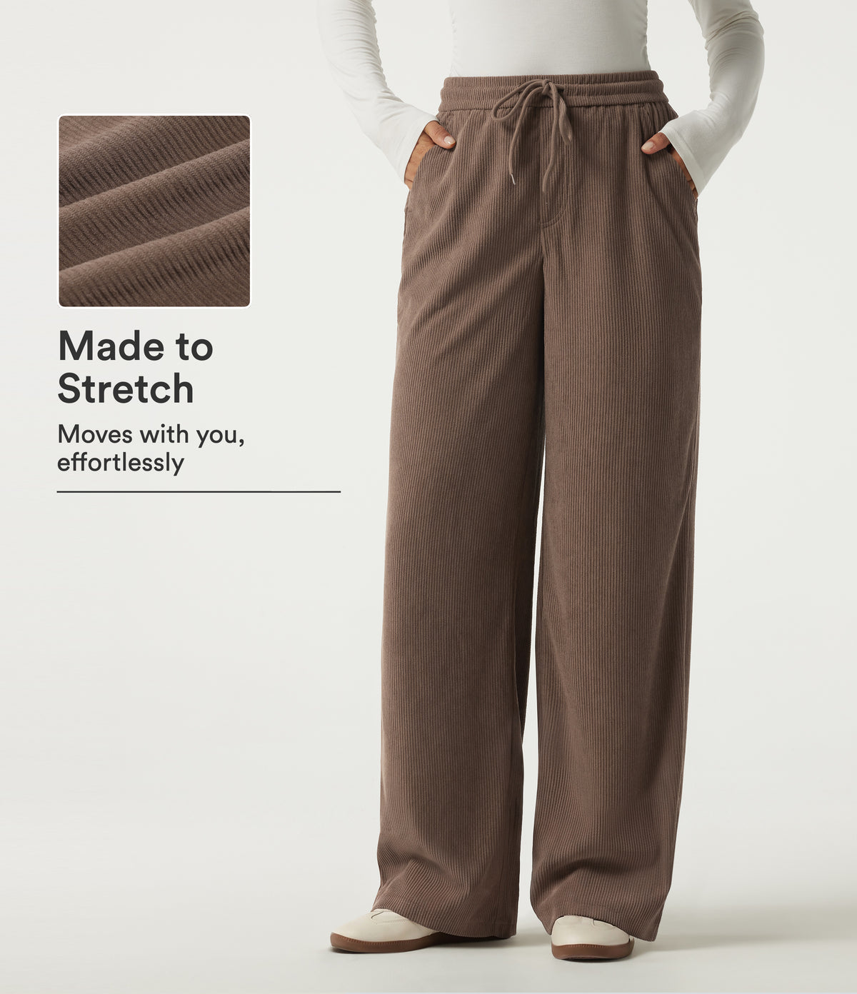High Waisted Drawstring Wide Leg Corduroy Casual Trousers with Pockets — Acorn — view 1