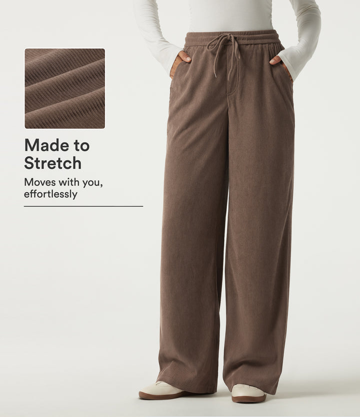 High Waisted Drawstring Wide Leg Corduroy Casual Trousers with Pockets — Acorn — view 1