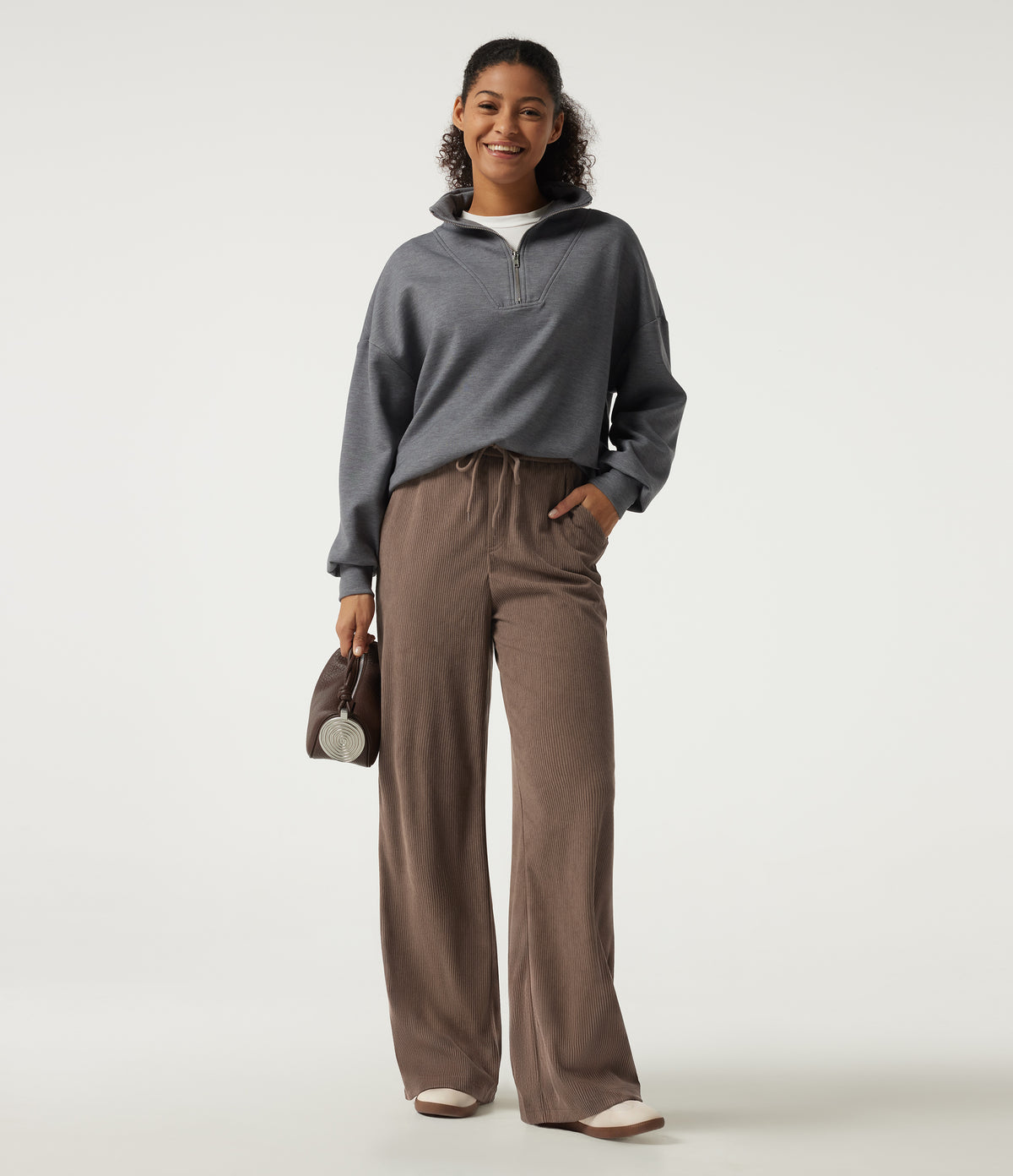 High Waisted Drawstring Wide Leg Corduroy Casual Trousers with Pockets — Acorn — view 6