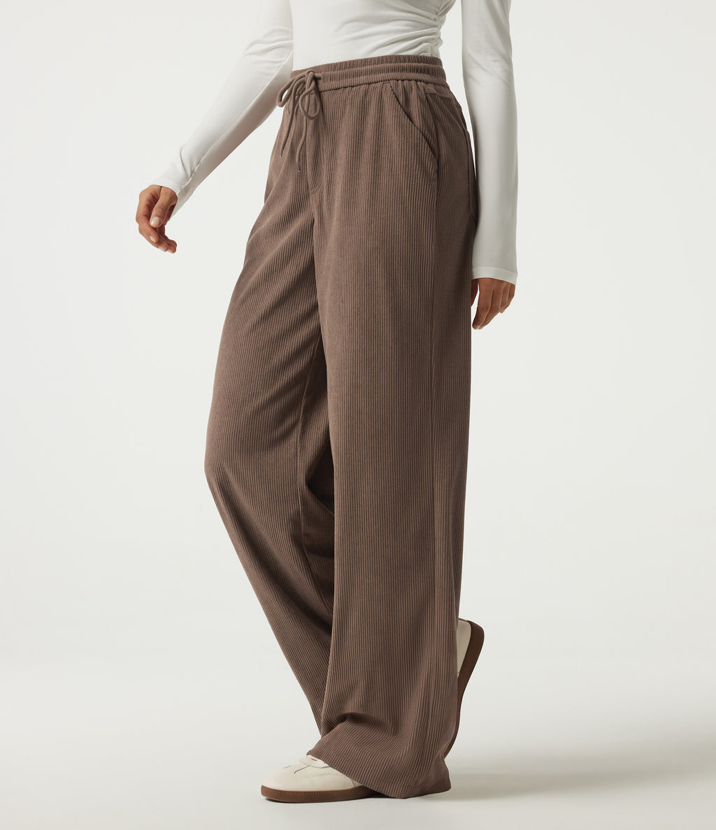 High Waisted Drawstring Wide Leg Corduroy Casual Trousers with Pockets — Acorn — view 3