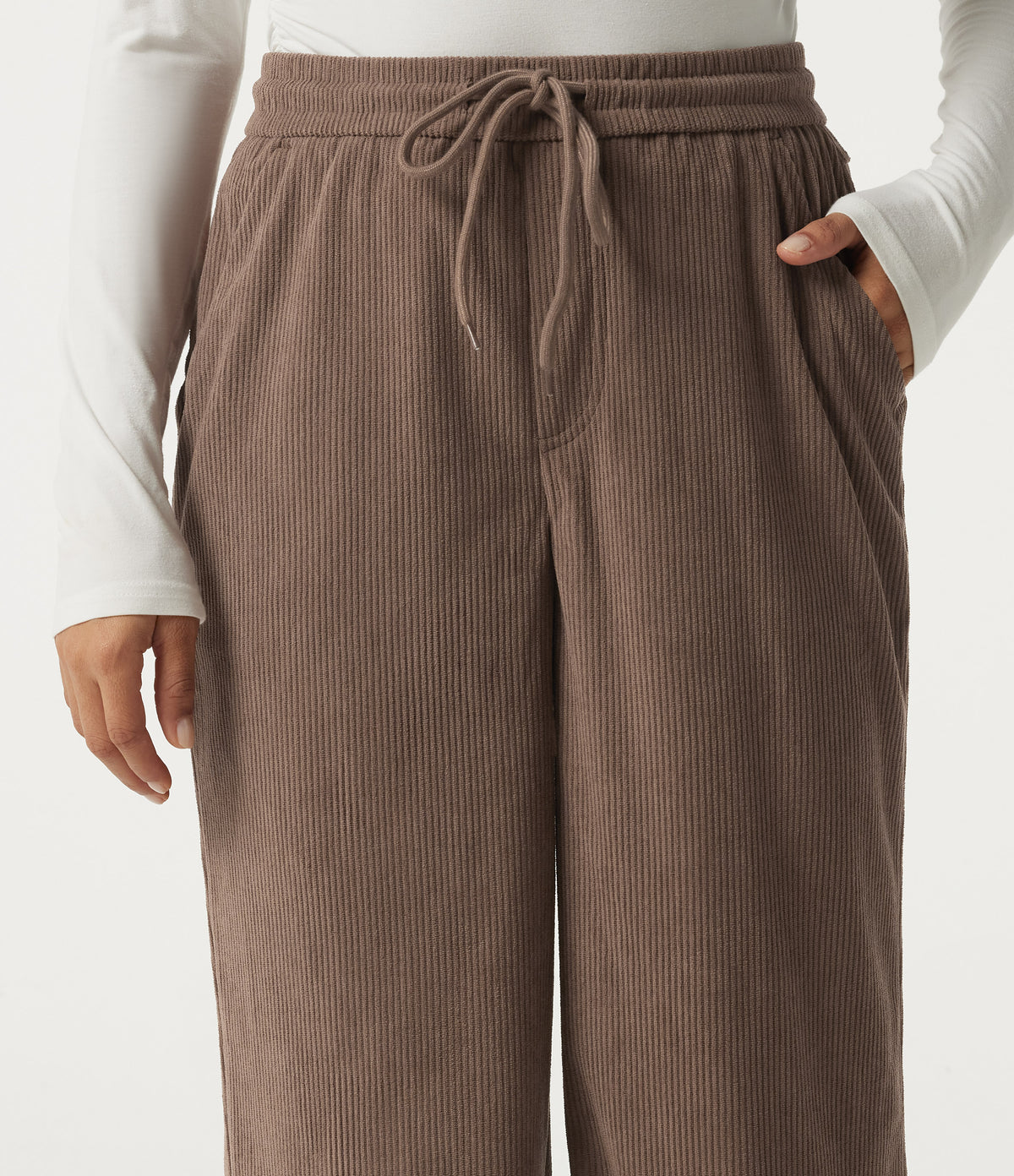 High Waisted Drawstring Wide Leg Corduroy Casual Trousers with Pockets — Acorn — view 4