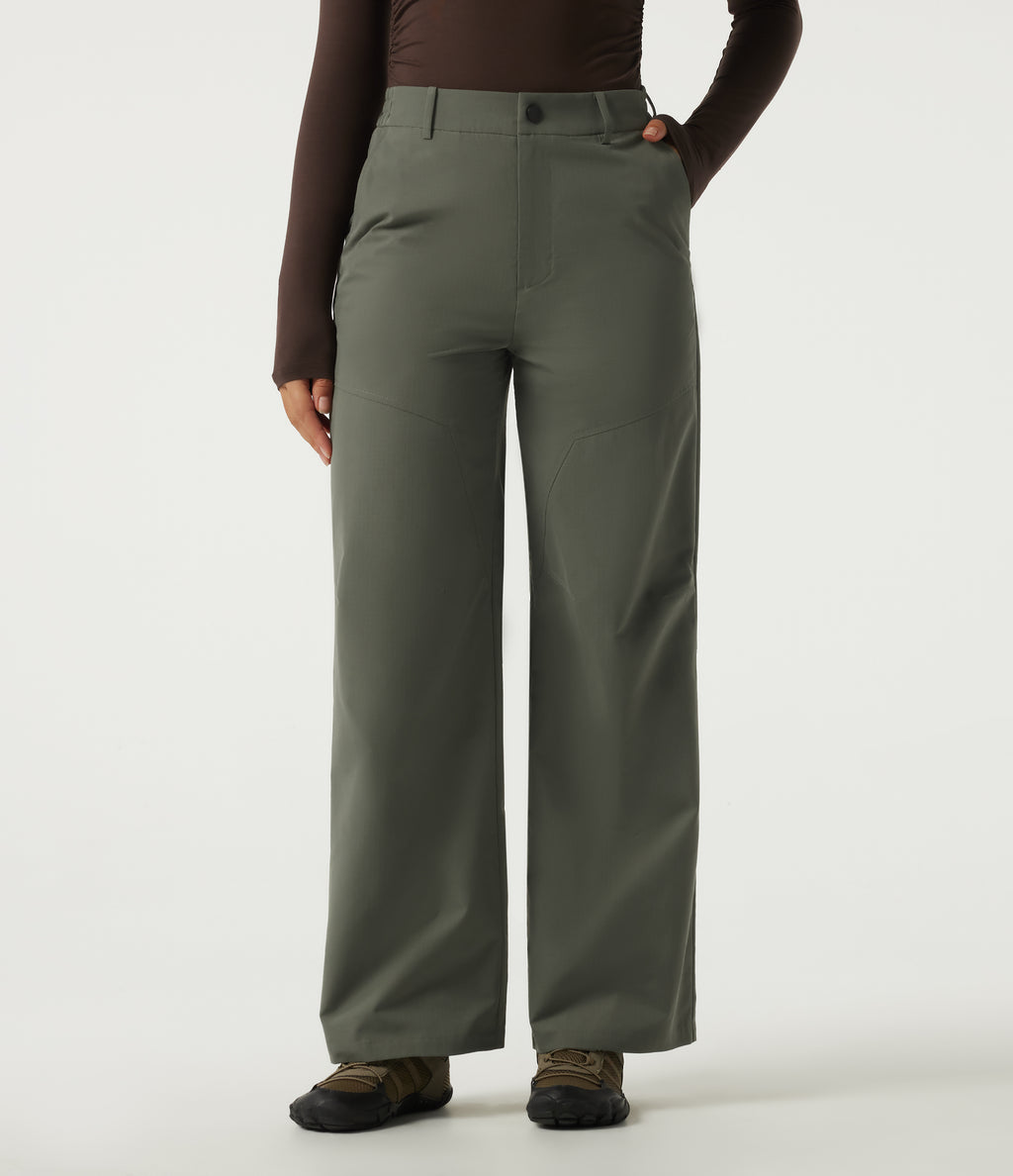 High Waisted Wide Leg Hiking Trousers with Pockets — Dull Grey Green — view 1